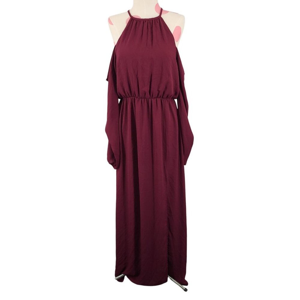 Women's Everly Maroon Maxi Dress Slit High Neck Cold Shoulder Sheer Small Flowy